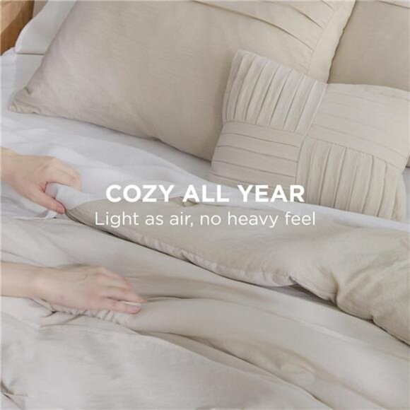 Queen Comforter Set - 4 Pieces Pinch Pleat Bed Set, Beige Boho Bedding - Picture 3 of 7